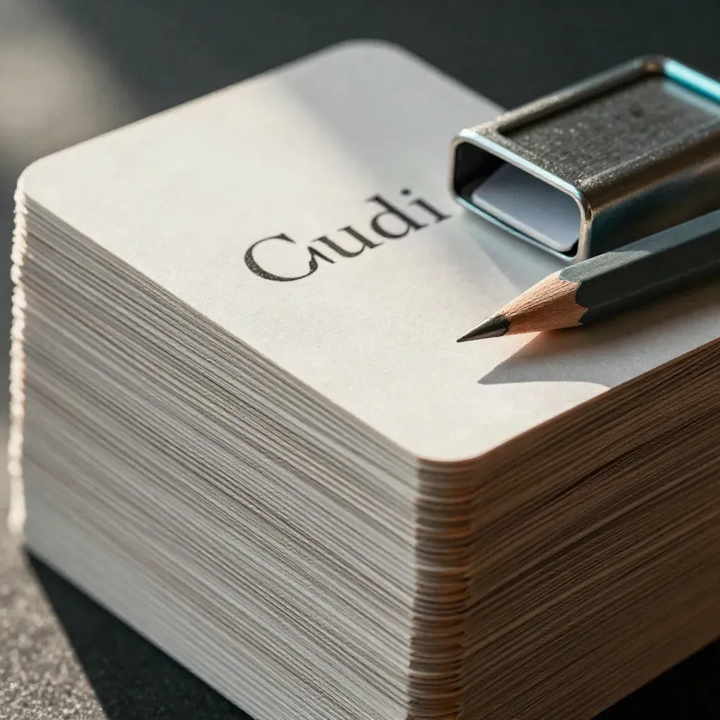 Makro kart do nauki języków, pudełka na karty i krótkiego ołówka na aluminiowej powierzchni.