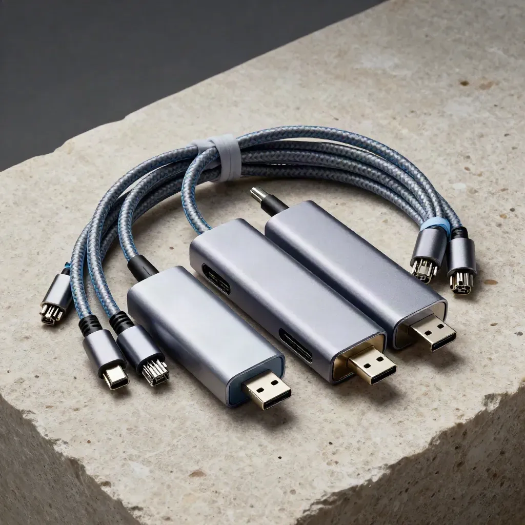 Zwijany kabel ethernetowy, adapter USB-C i huby na jasnym kamieniu.