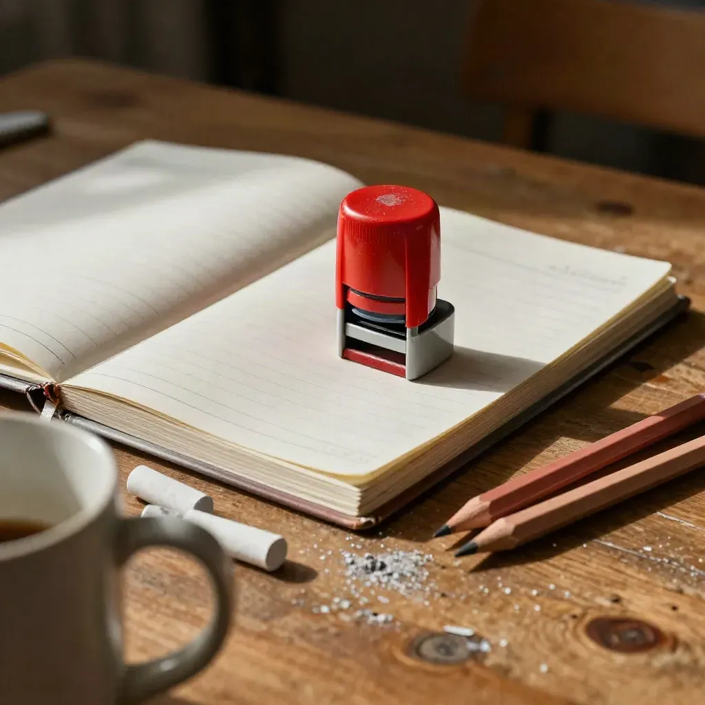 Stempel, kreda i zamknięty planer lekcji na biurku nauczyciela, widziane przez uchwyt kubka