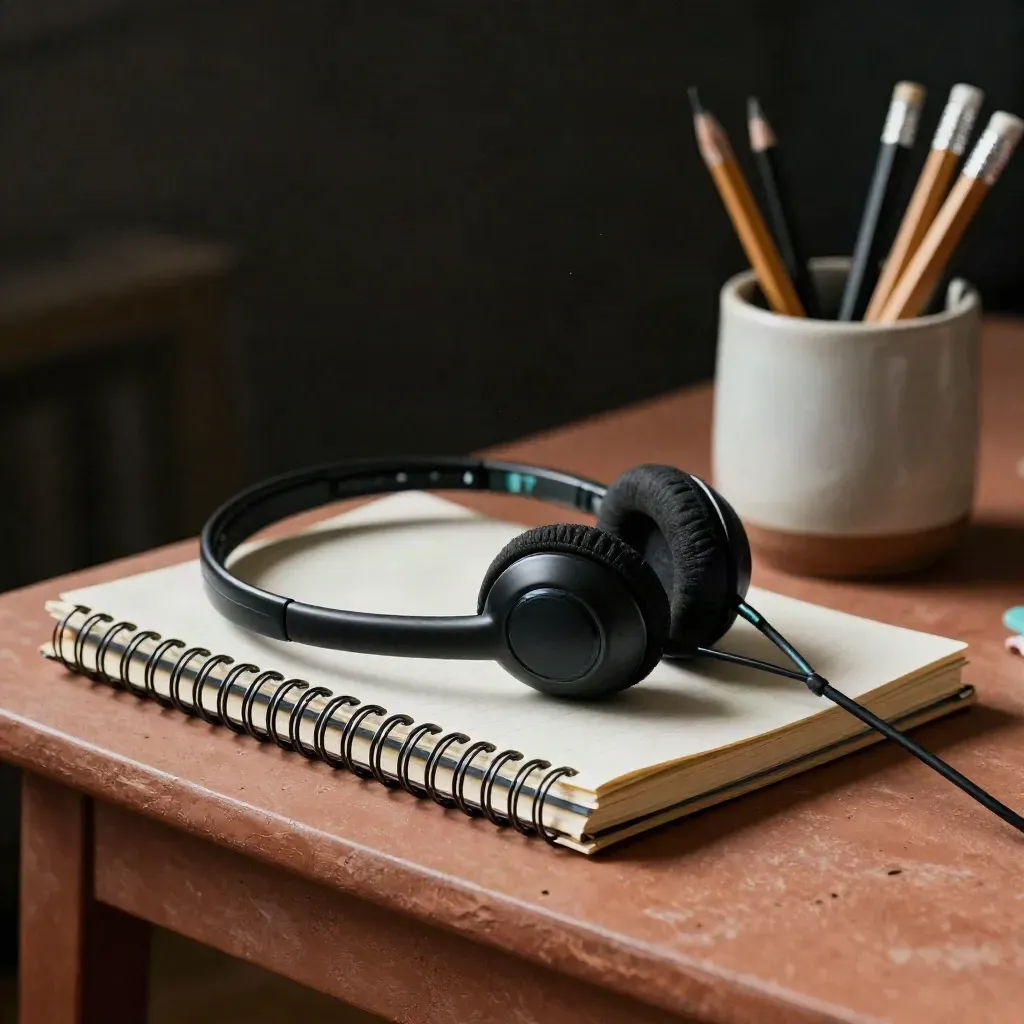 Webinarowe słuchawki, notes spiralny, kabel i kubek z ołówkami w ciepłym świetle