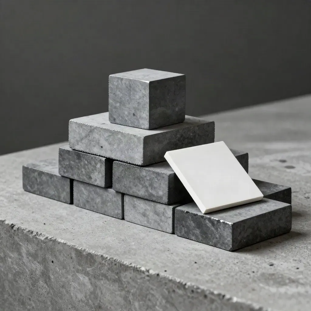Grafitowe bloki i biały ciężarek na szczotkowanym betonie w dramatycznym świetle.